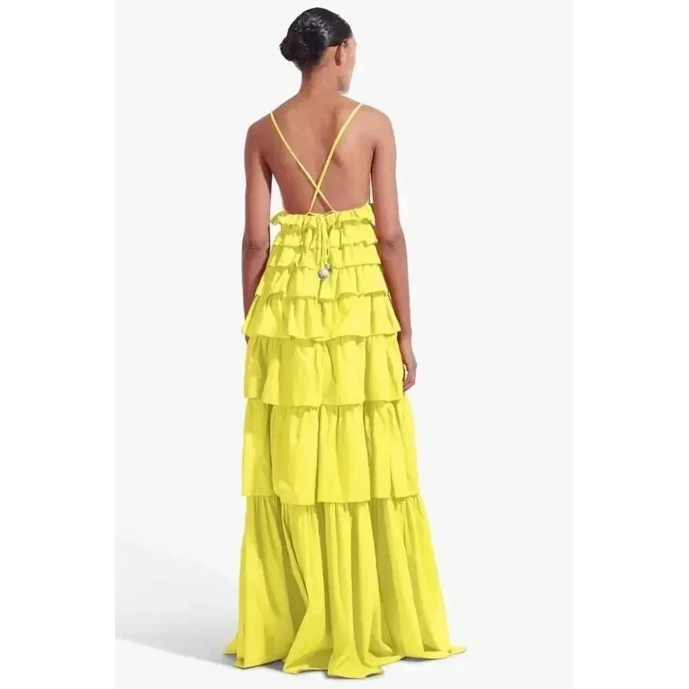 Staud Rylie Green Sleeveless Tiered BOUGAINVILLEA Ruffled Maxi Dress Sz L - Picture 5 of 16